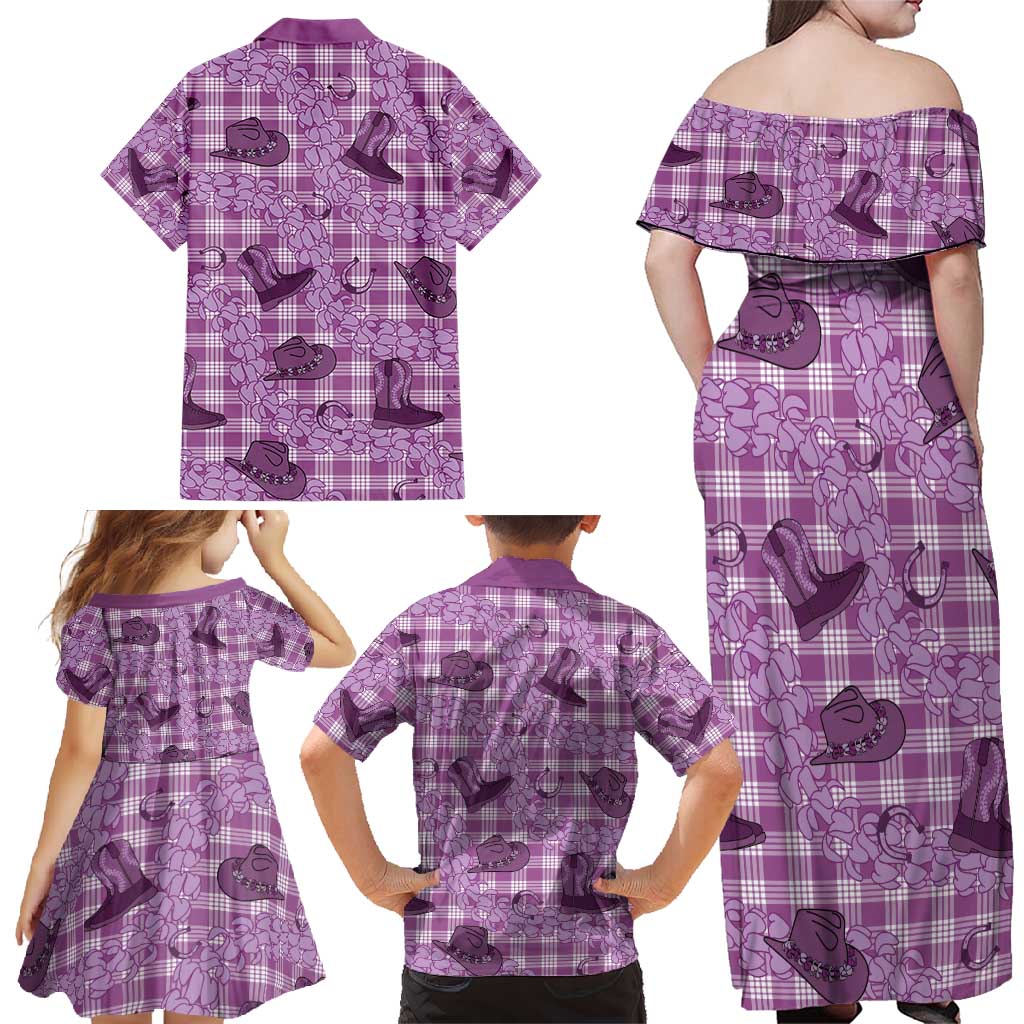 Purple Palaka Hawaii Cowboy Family Matching Off Shoulder Maxi Dress and Hawaiian Shirt Puakenikeni Lei Paniolo Papale Seamless Vibes - Polynesian Pride