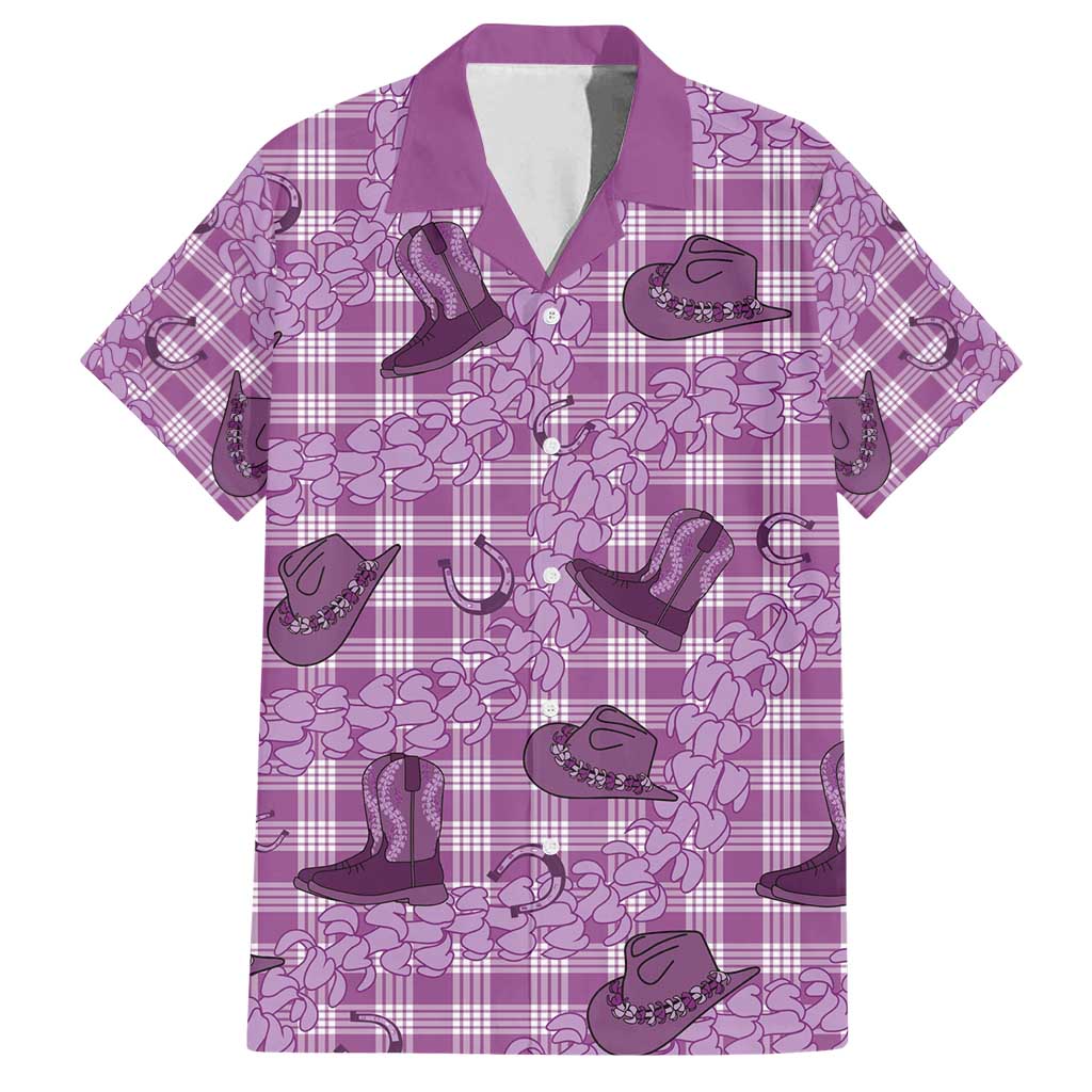 Purple Palaka Hawaii Cowboy Family Matching Off Shoulder Short Dress and Hawaiian Shirt Puakenikeni Lei Paniolo Papale Seamless Vibes - Polynesian Pride