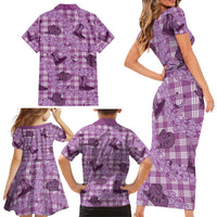 Purple Palaka Hawaii Cowboy Family Matching Short Sleeve Bodycon Dress and Hawaiian Shirt Puakenikeni Lei Paniolo Papale Seamless Vibes - Polynesian Pride