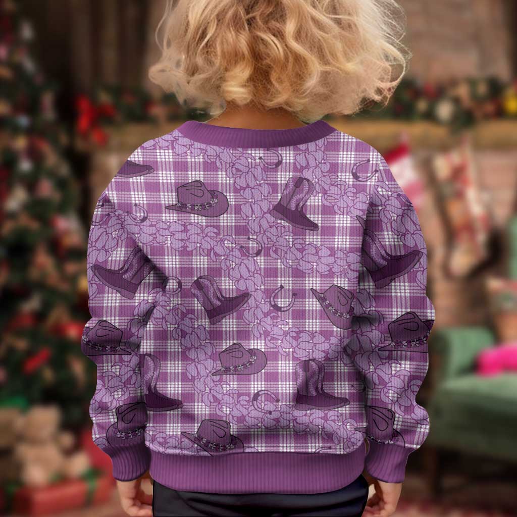 Purple Palaka Hawaii Cowboy Kid Ugly Christmas Sweater Puakenikeni Lei Paniolo Papale Seamless Vibes - Polynesian Pride