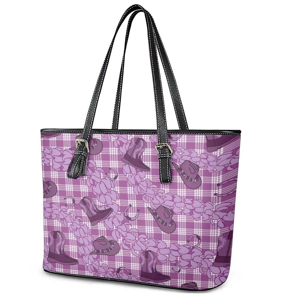 Purple Palaka Hawaii Cowboy Leather Tote Bag Puakenikeni Lei Paniolo Papale Seamless Vibes - Polynesian Pride