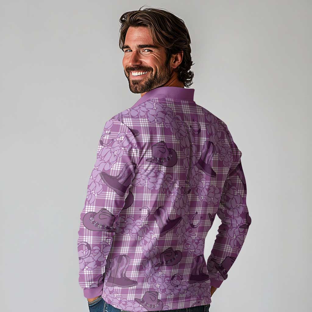 Purple Palaka Hawaii Cowboy Long Sleeve Polo Shirt Puakenikeni Lei Paniolo Papale Seamless Vibes - Polynesian Pride
