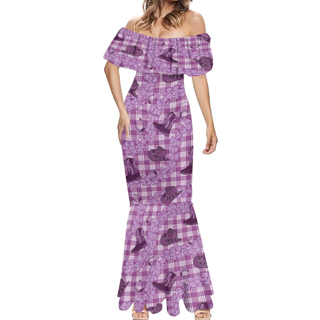 Purple Palaka Hawaii Cowboy Mermaid Dress Puakenikeni Lei Paniolo Papale Seamless Vibes - Polynesian Pride