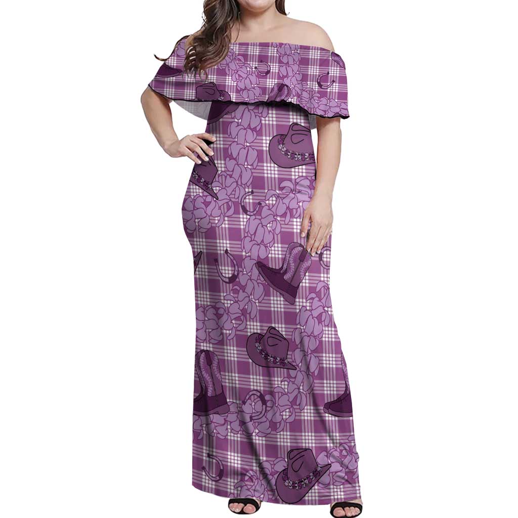 Purple Palaka Hawaii Cowboy Off Shoulder Maxi Dress Puakenikeni Lei Paniolo Papale Seamless Vibes - Polynesian Pride