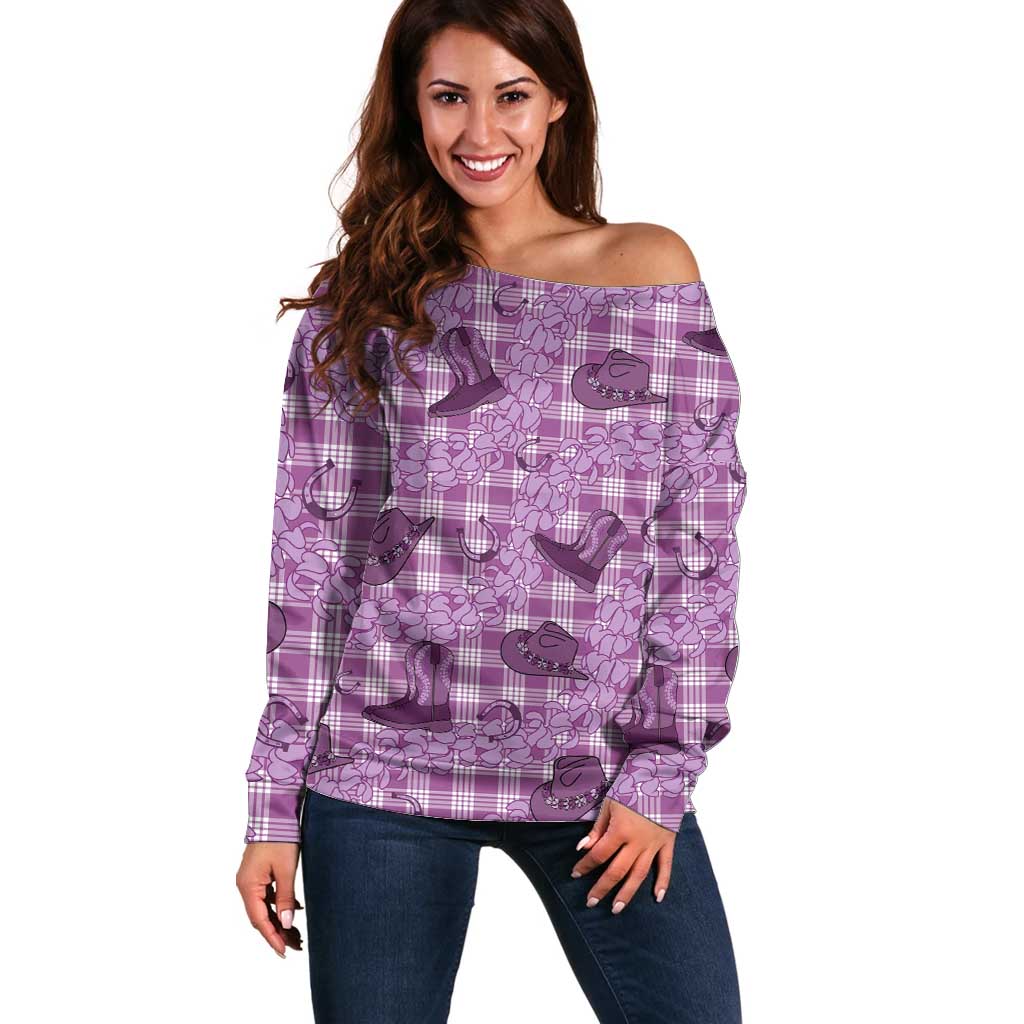 Purple Palaka Hawaii Cowboy Off Shoulder Sweater Puakenikeni Lei Paniolo Papale Seamless Vibes - Polynesian Pride