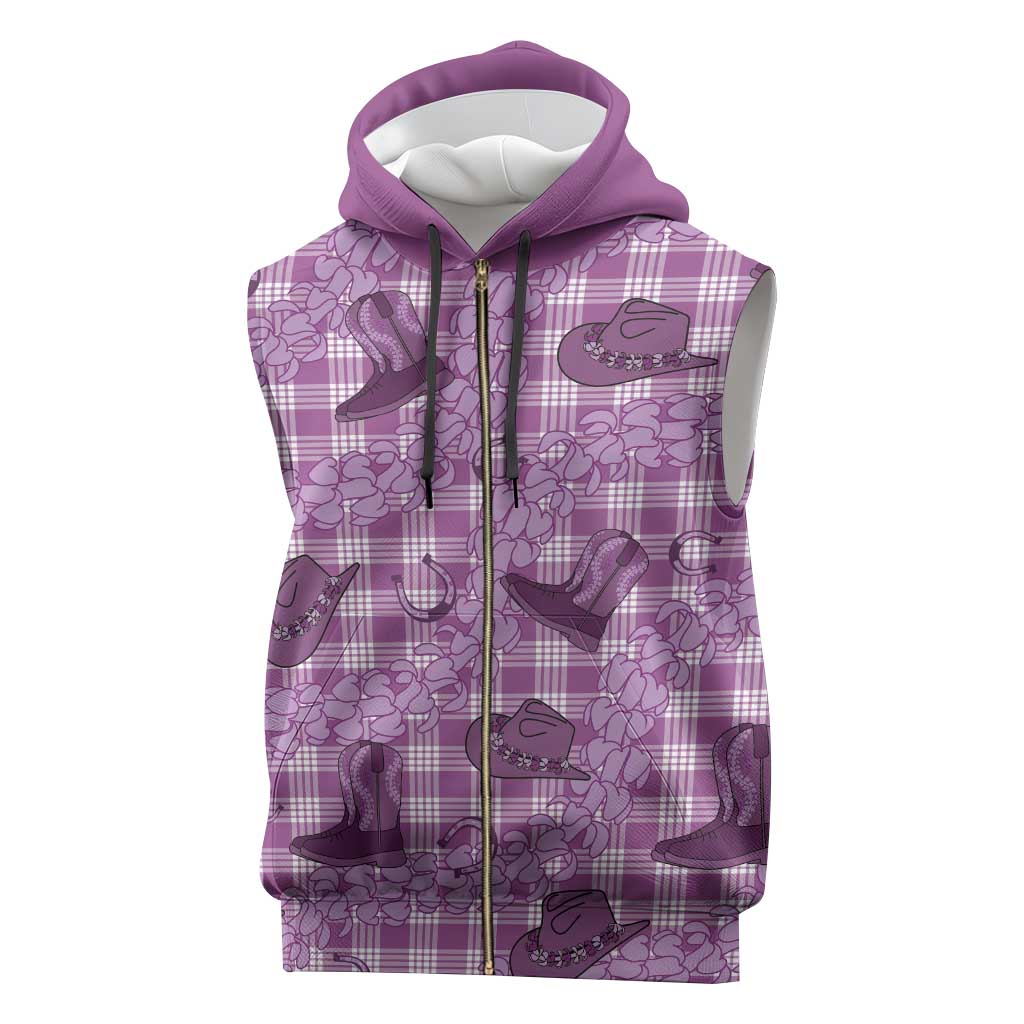 Purple Palaka Hawaii Cowboy Sleeveless Zip Hoodie Puakenikeni Lei Paniolo Papale Seamless Vibes - Polynesian Pride