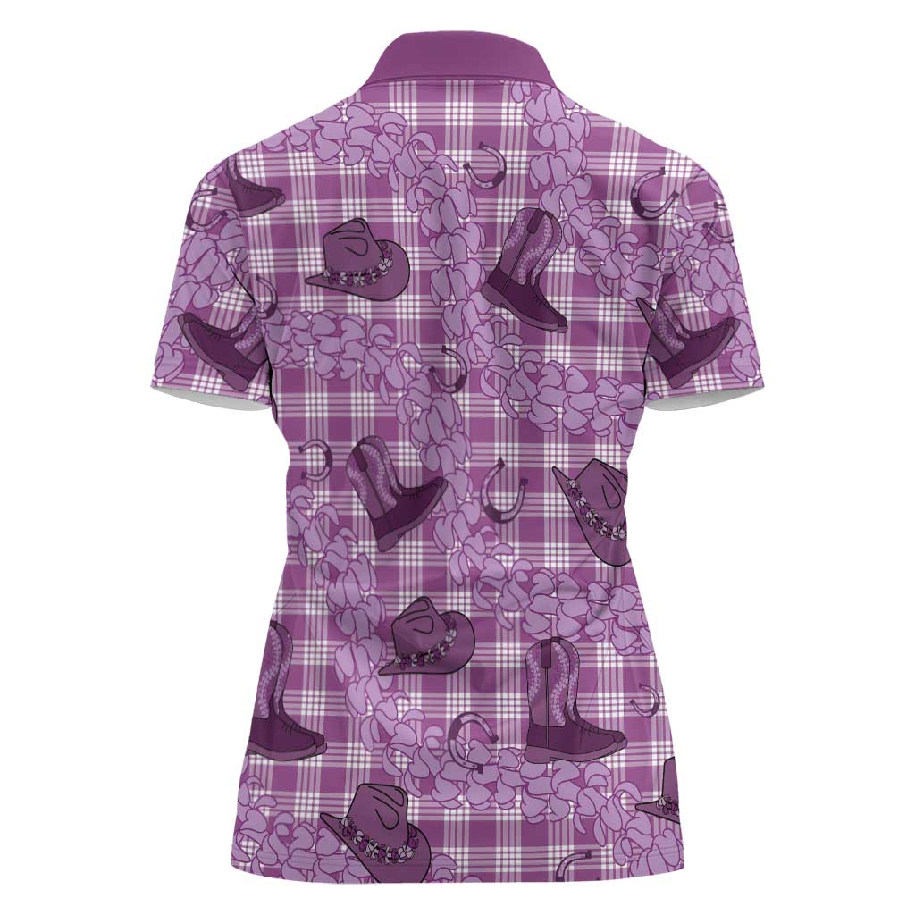 Purple Palaka Hawaii Cowboy Women Polo Shirt Puakenikeni Lei Paniolo Papale Seamless Vibes - Polynesian Pride