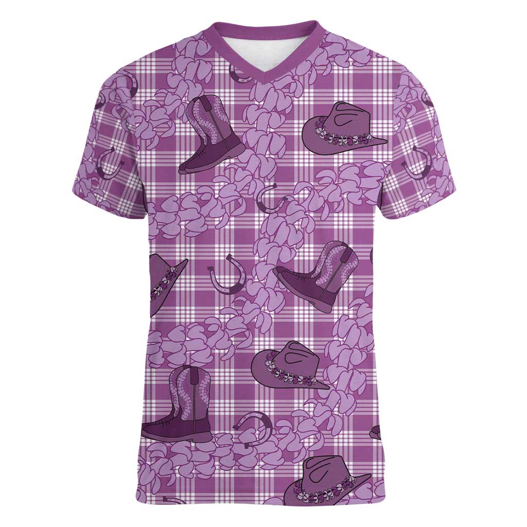 Purple Palaka Hawaii Cowboy Women V-Neck T-Shirt Puakenikeni Lei Paniolo Papale Seamless Vibes - Polynesian Pride