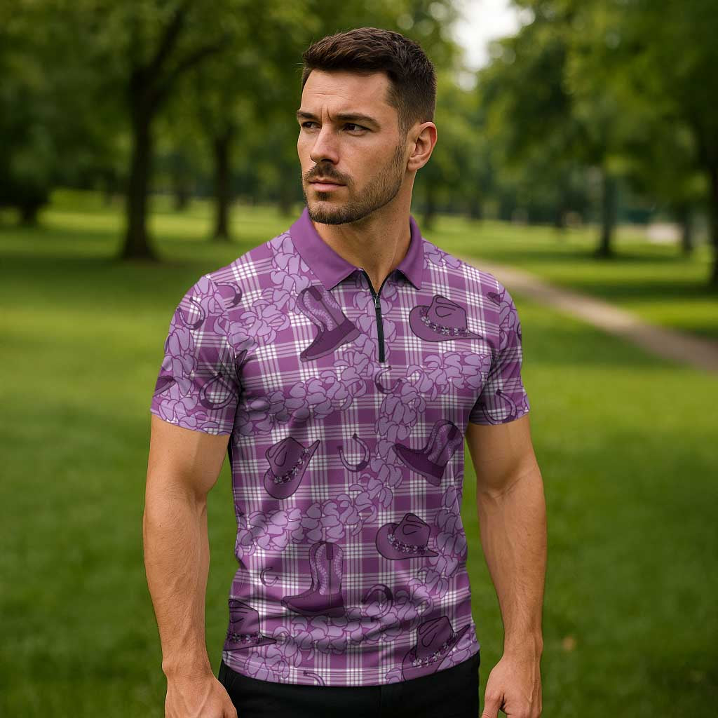Purple Palaka Hawaii Cowboy Zipper Polo Shirt Puakenikeni Lei Paniolo Papale Seamless Vibes - Polynesian Pride