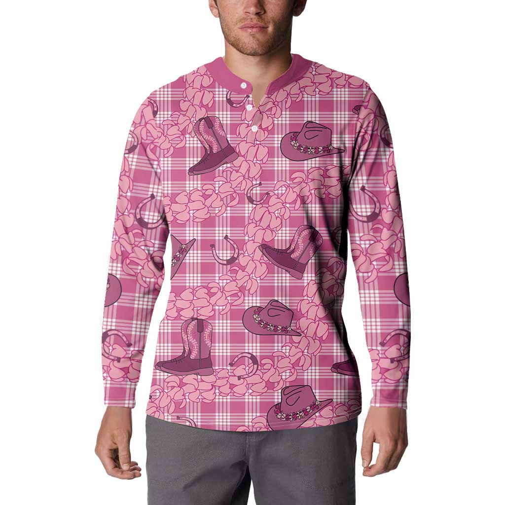Pink Palaka Hawaii Cowboy Button Sweatshirt Puakenikeni Lei Paniolo Papale Seamless Vibes - Polynesian Pride