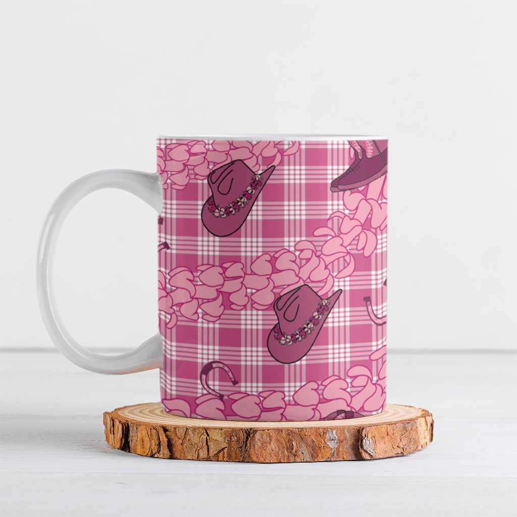 Pink Palaka Hawaii Cowboy Ceramic Mug Puakenikeni Lei Paniolo Papale Seamless Vibes - Polynesian Pride