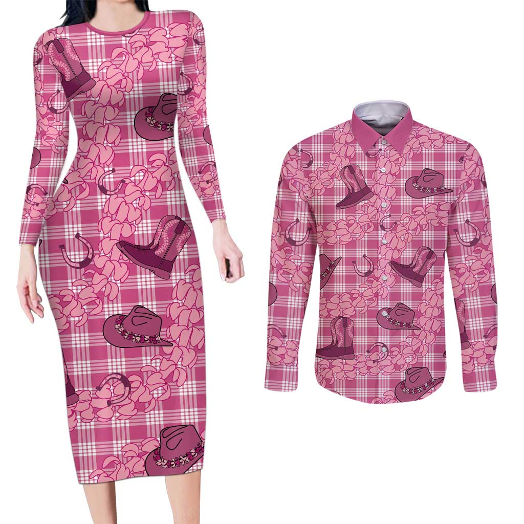 Pink Palaka Hawaii Cowboy Couples Matching Long Sleeve Bodycon Dress and Long Sleeve Button Shirt Puakenikeni Lei Paniolo Papale Seamless Vibes - Polynesian Pride