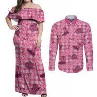 Pink Palaka Hawaii Cowboy Couples Matching Off Shoulder Maxi Dress and Long Sleeve Button Shirt Puakenikeni Lei Paniolo Papale Seamless Vibes - Polynesian Pride