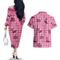 Pink Palaka Hawaii Cowboy Couples Matching Off The Shoulder Long Sleeve Dress and Hawaiian Shirt Puakenikeni Lei Paniolo Papale Seamless Vibes - Polynesian Pride