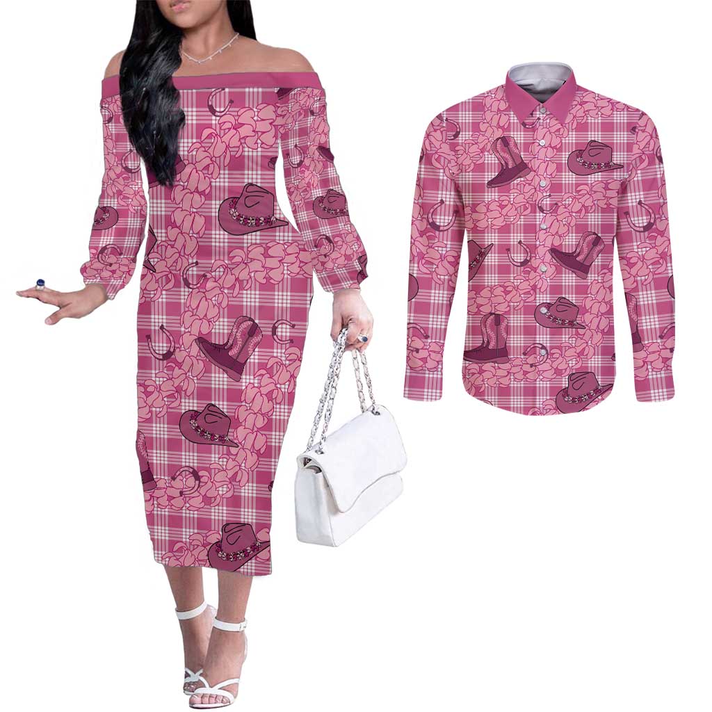 Pink Palaka Hawaii Cowboy Couples Matching Off The Shoulder Long Sleeve Dress and Long Sleeve Button Shirt Puakenikeni Lei Paniolo Papale Seamless Vibes - Polynesian Pride