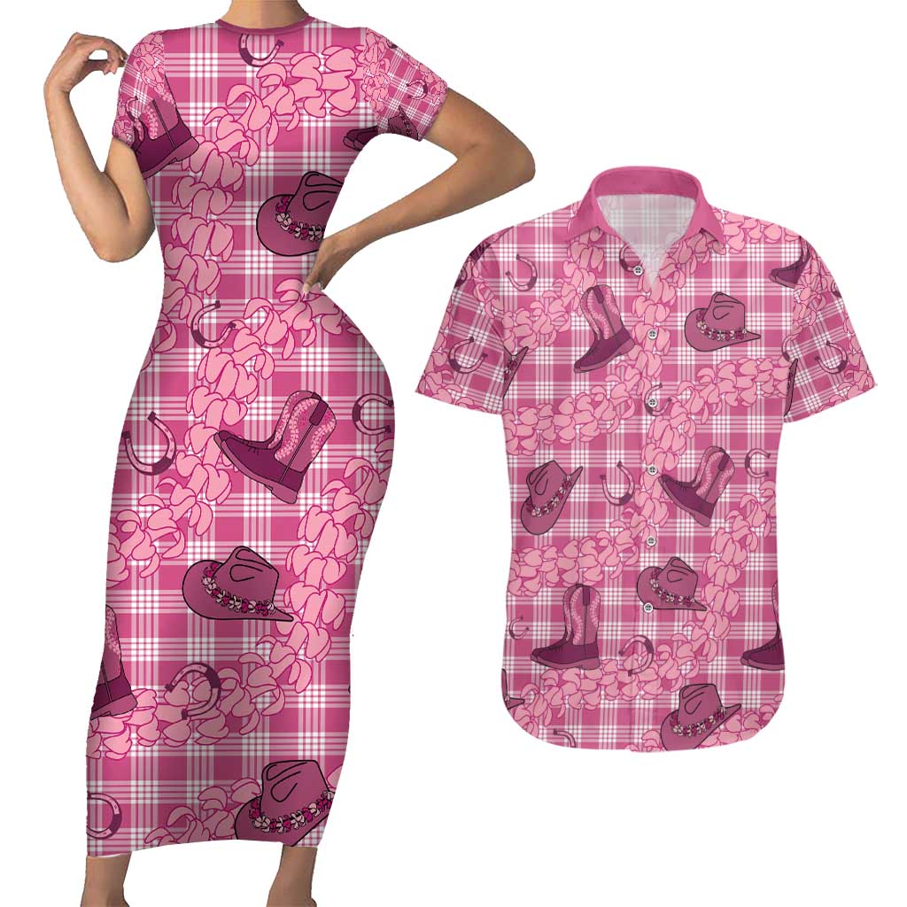 Pink Palaka Hawaii Cowboy Couples Matching Short Sleeve Bodycon Dress and Hawaiian Shirt Puakenikeni Lei Paniolo Papale Seamless Vibes - Polynesian Pride
