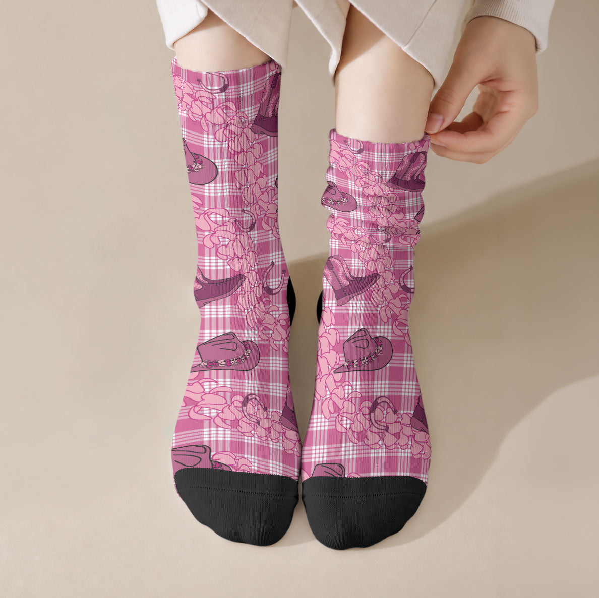 Pink Palaka Hawaii Cowboy Crew Socks Puakenikeni Lei Paniolo Papale Seamless Vibes