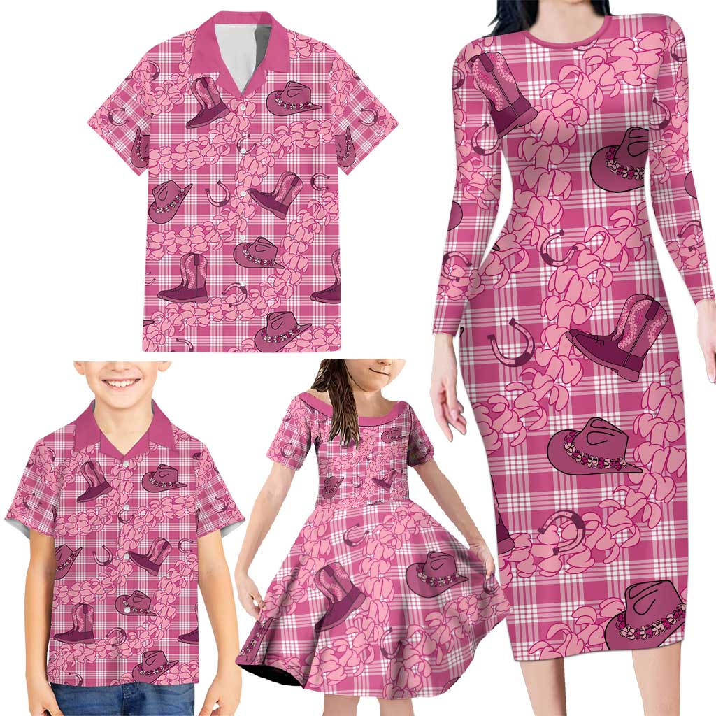 Pink Palaka Hawaii Cowboy Family Matching Long Sleeve Bodycon Dress and Hawaiian Shirt Puakenikeni Lei Paniolo Papale Seamless Vibes - Polynesian Pride