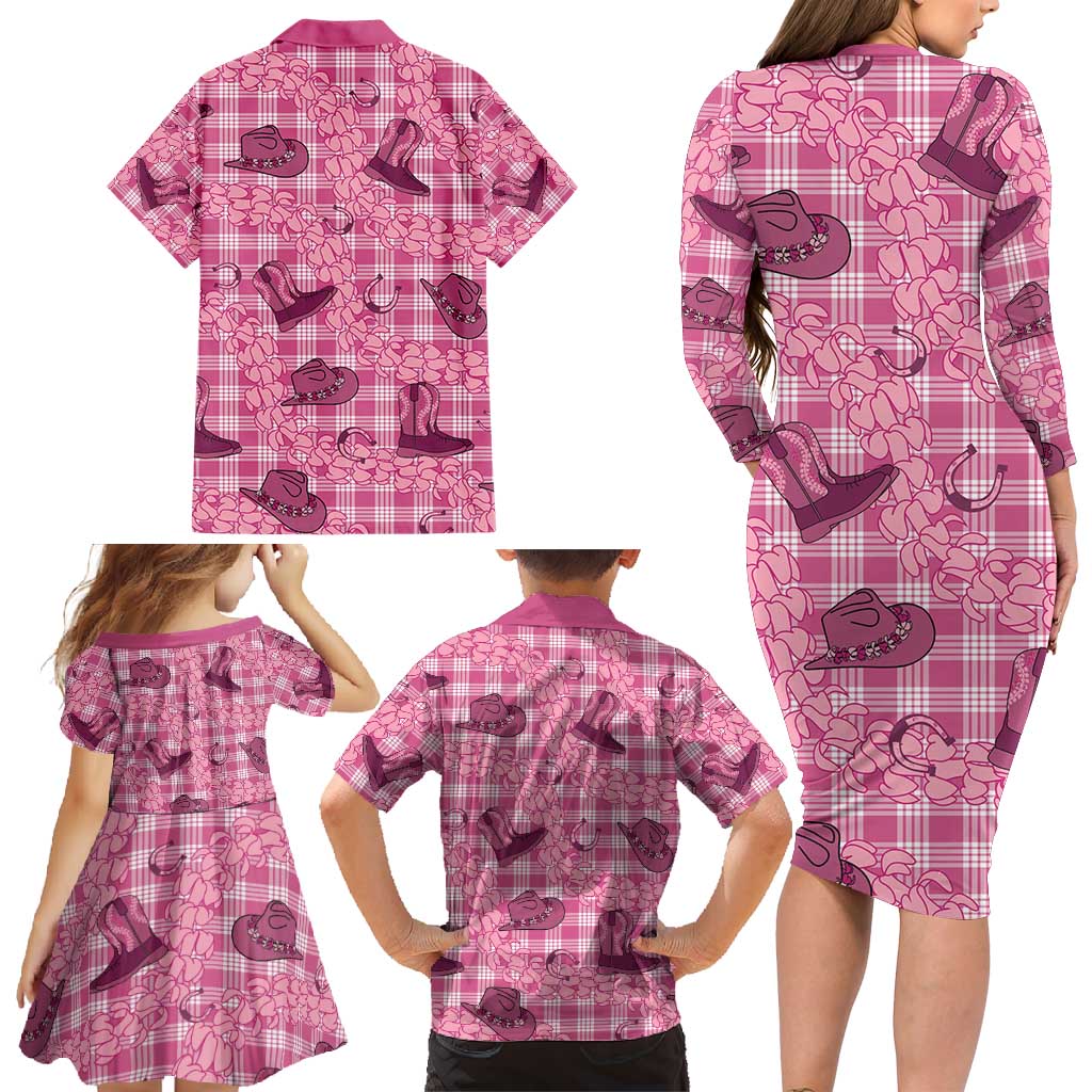Pink Palaka Hawaii Cowboy Family Matching Long Sleeve Bodycon Dress and Hawaiian Shirt Puakenikeni Lei Paniolo Papale Seamless Vibes - Polynesian Pride