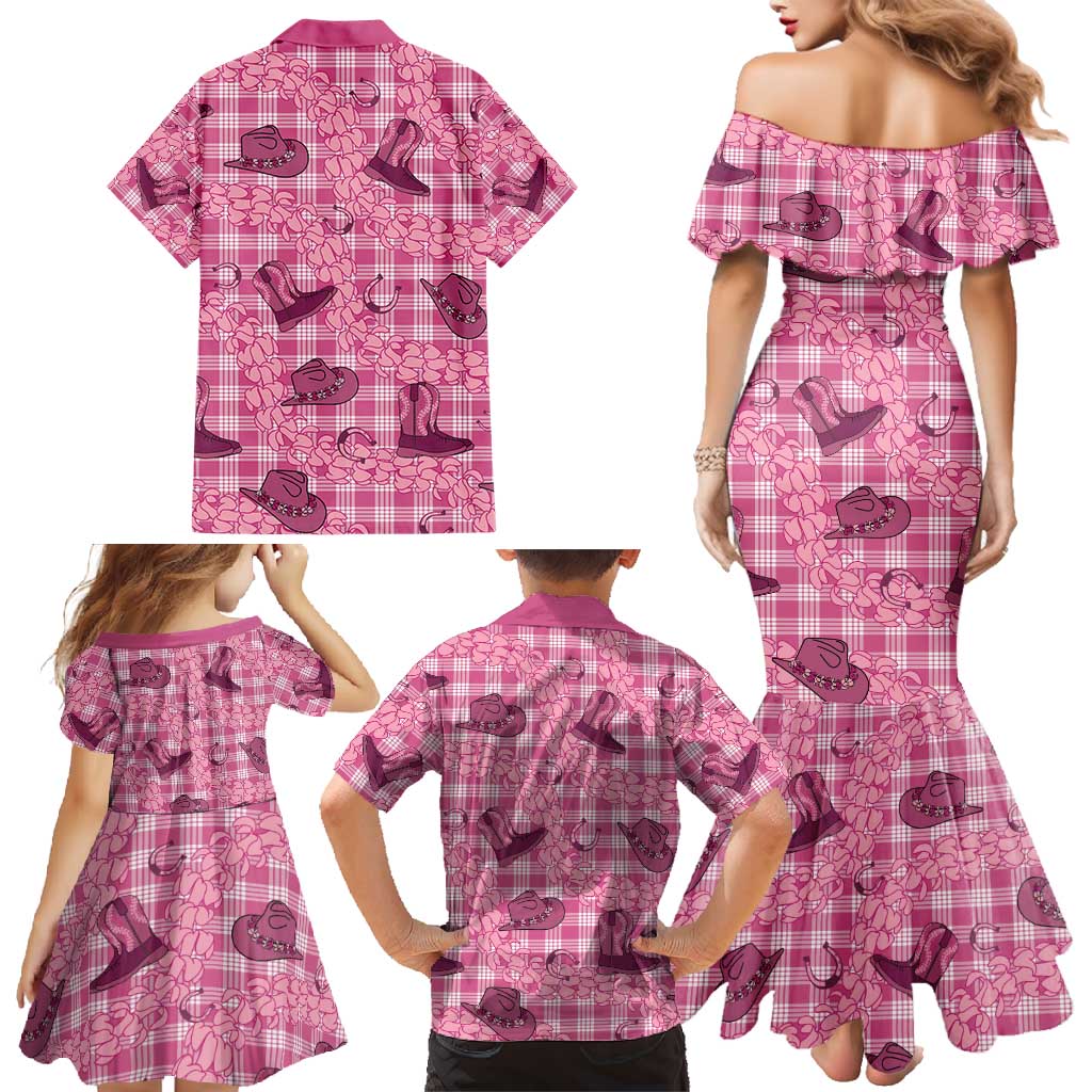 Pink Palaka Hawaii Cowboy Family Matching Mermaid Dress and Hawaiian Shirt Puakenikeni Lei Paniolo Papale Seamless Vibes - Polynesian Pride