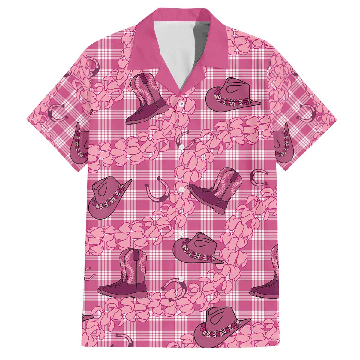 Pink Palaka Hawaii Cowboy Family Matching Off The Shoulder Long Sleeve Dress and Hawaiian Shirt Puakenikeni Lei Paniolo Papale Seamless Vibes - Polynesian Pride