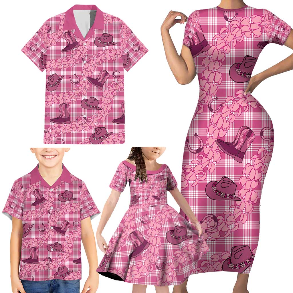 Pink Palaka Hawaii Cowboy Family Matching Short Sleeve Bodycon Dress and Hawaiian Shirt Puakenikeni Lei Paniolo Papale Seamless Vibes - Polynesian Pride
