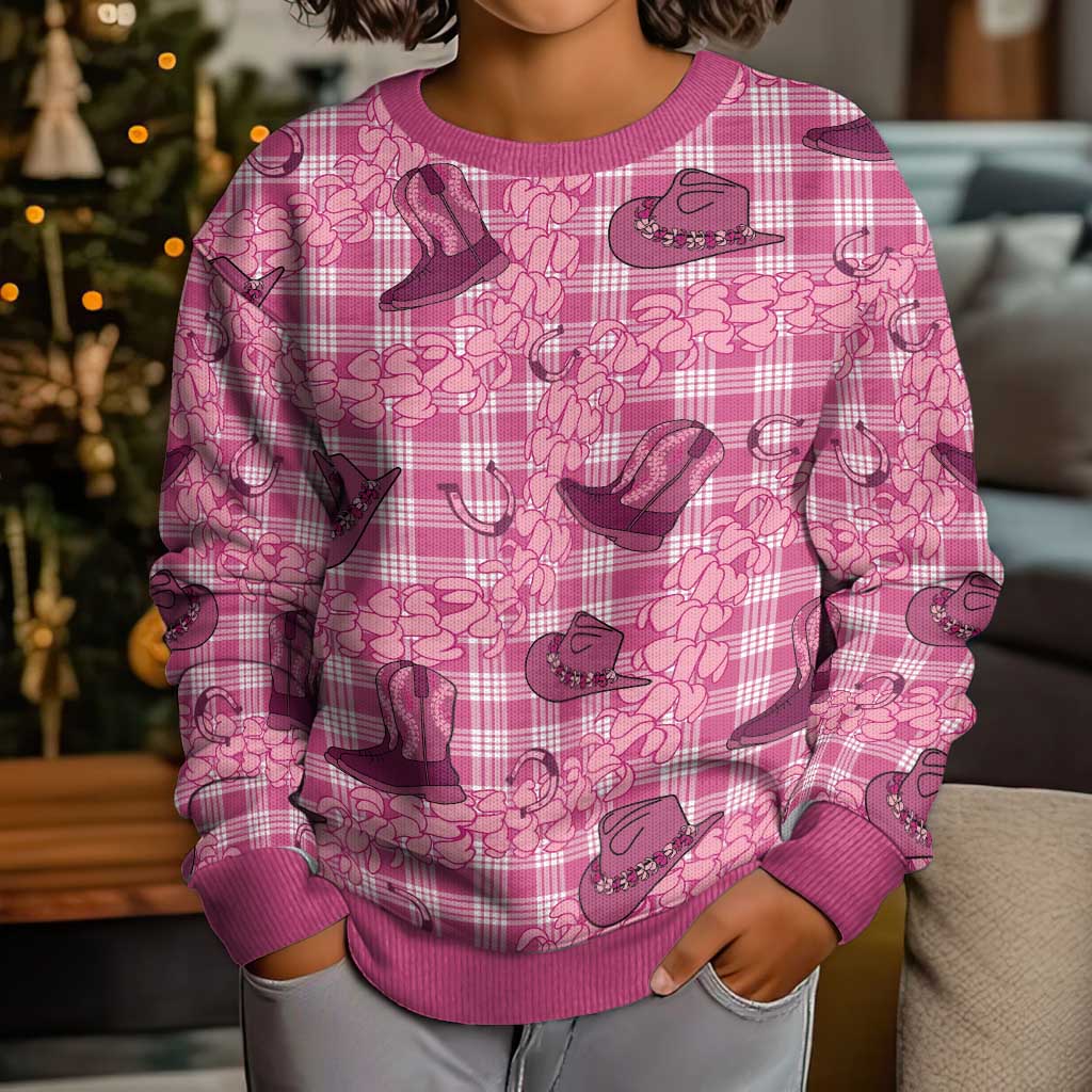 Pink Palaka Hawaii Cowboy Kid Ugly Christmas Sweater Puakenikeni Lei Paniolo Papale Seamless Vibes - Polynesian Pride