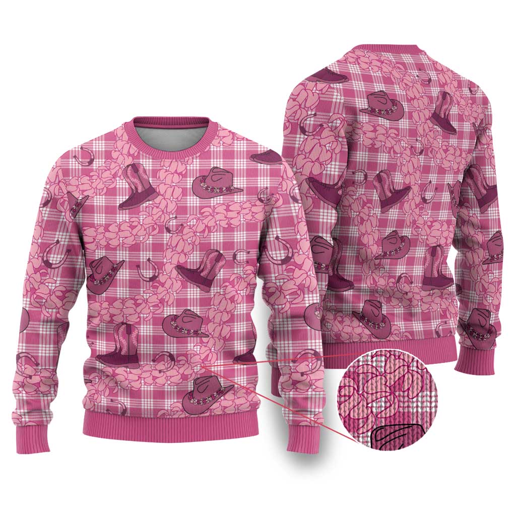 Pink Palaka Hawaii Cowboy Ugly Christmas Sweater Puakenikeni Lei Paniolo Papale Seamless Vibes - Polynesian Pride