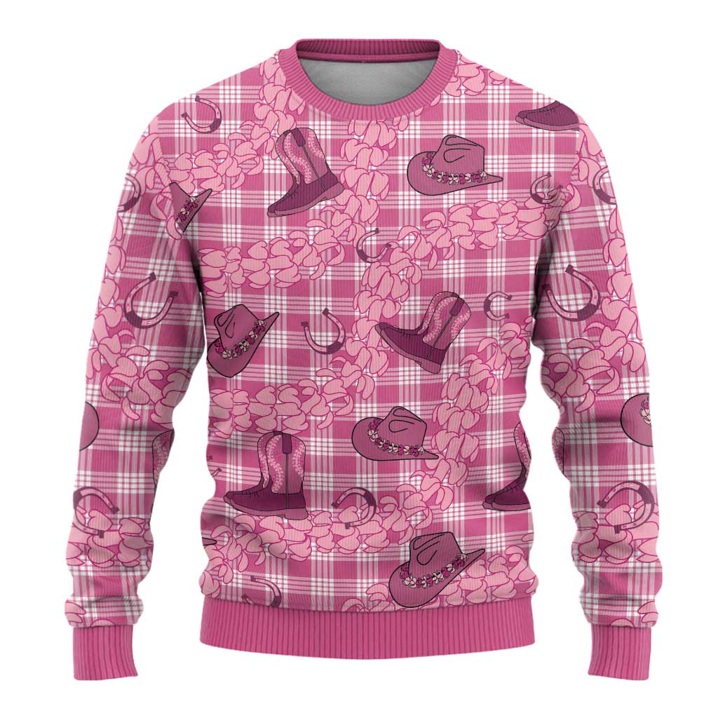 Pink Palaka Hawaii Cowboy Ugly Christmas Sweater Puakenikeni Lei Paniolo Papale Seamless Vibes - Polynesian Pride