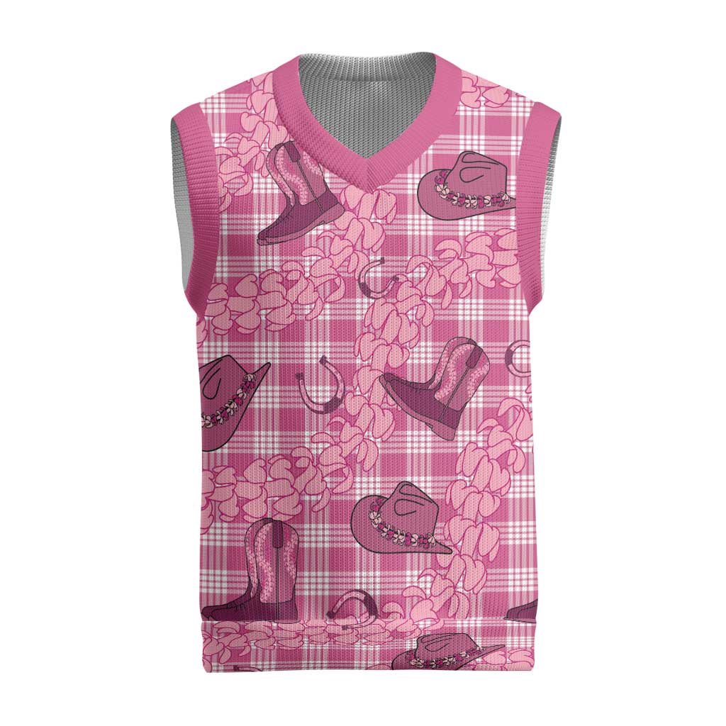 Pink Palaka Hawaii Cowboy Christmas Knitted V-Neck Vest Puakenikeni Lei Paniolo Papale Seamless Vibes - Polynesian Pride