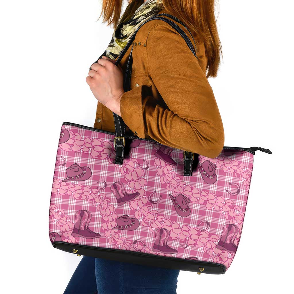 Pink Palaka Hawaii Cowboy Leather Tote Bag Puakenikeni Lei Paniolo Papale Seamless Vibes - Polynesian Pride