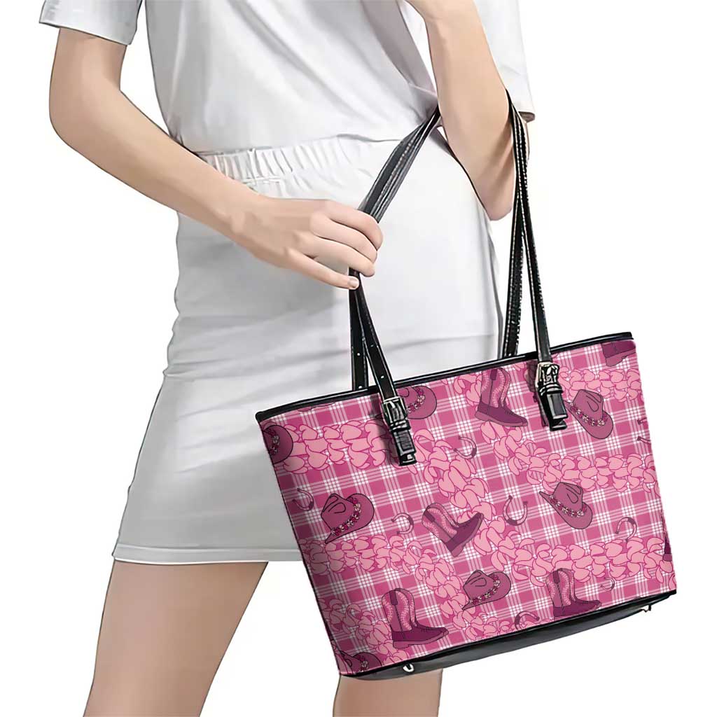 Pink Palaka Hawaii Cowboy Leather Tote Bag Puakenikeni Lei Paniolo Papale Seamless Vibes - Polynesian Pride