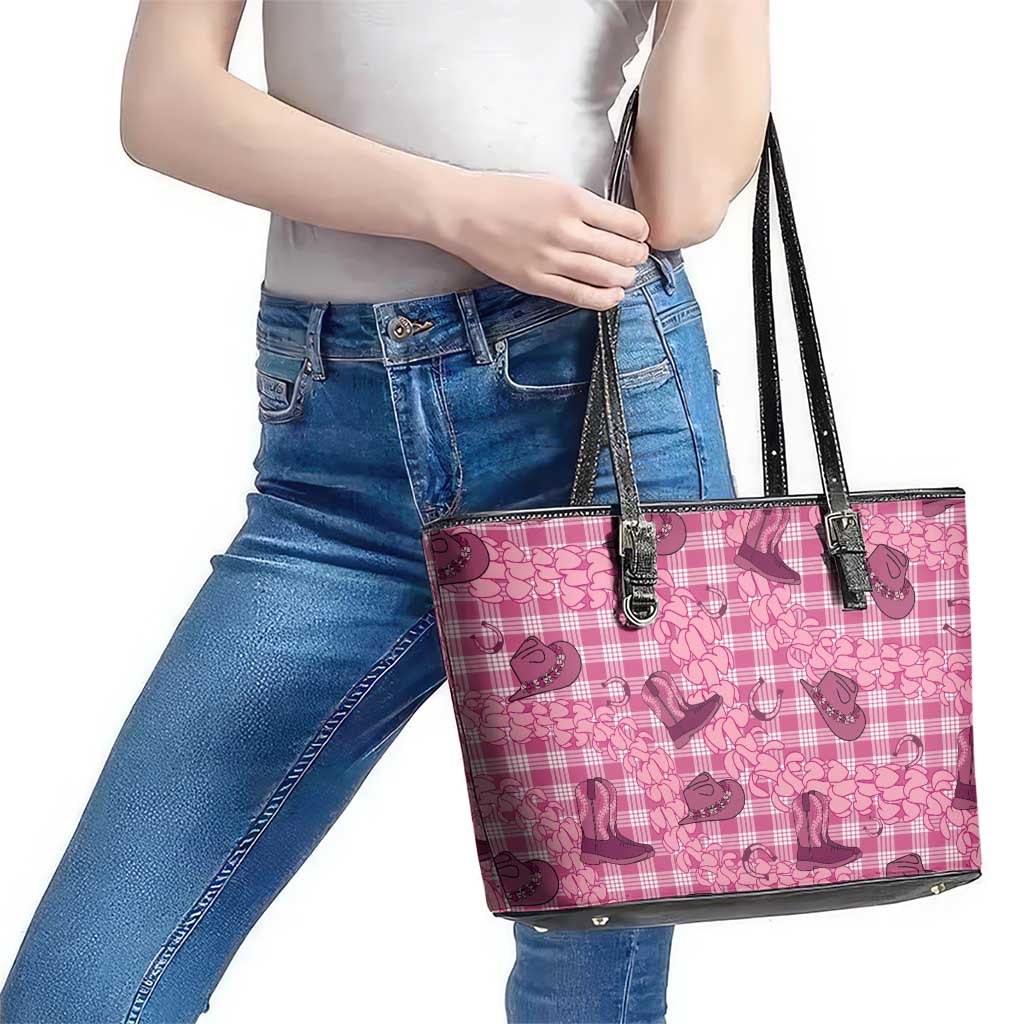 Pink Palaka Hawaii Cowboy Leather Tote Bag Puakenikeni Lei Paniolo Papale Seamless Vibes - Polynesian Pride