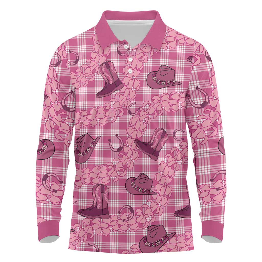 Pink Palaka Hawaii Cowboy Long Sleeve Polo Shirt Puakenikeni Lei Paniolo Papale Seamless Vibes - Polynesian Pride