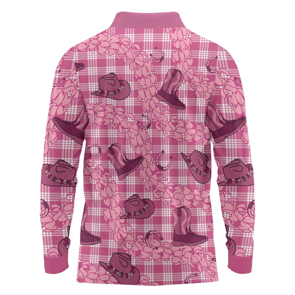Pink Palaka Hawaii Cowboy Long Sleeve Polo Shirt Puakenikeni Lei Paniolo Papale Seamless Vibes - Polynesian Pride