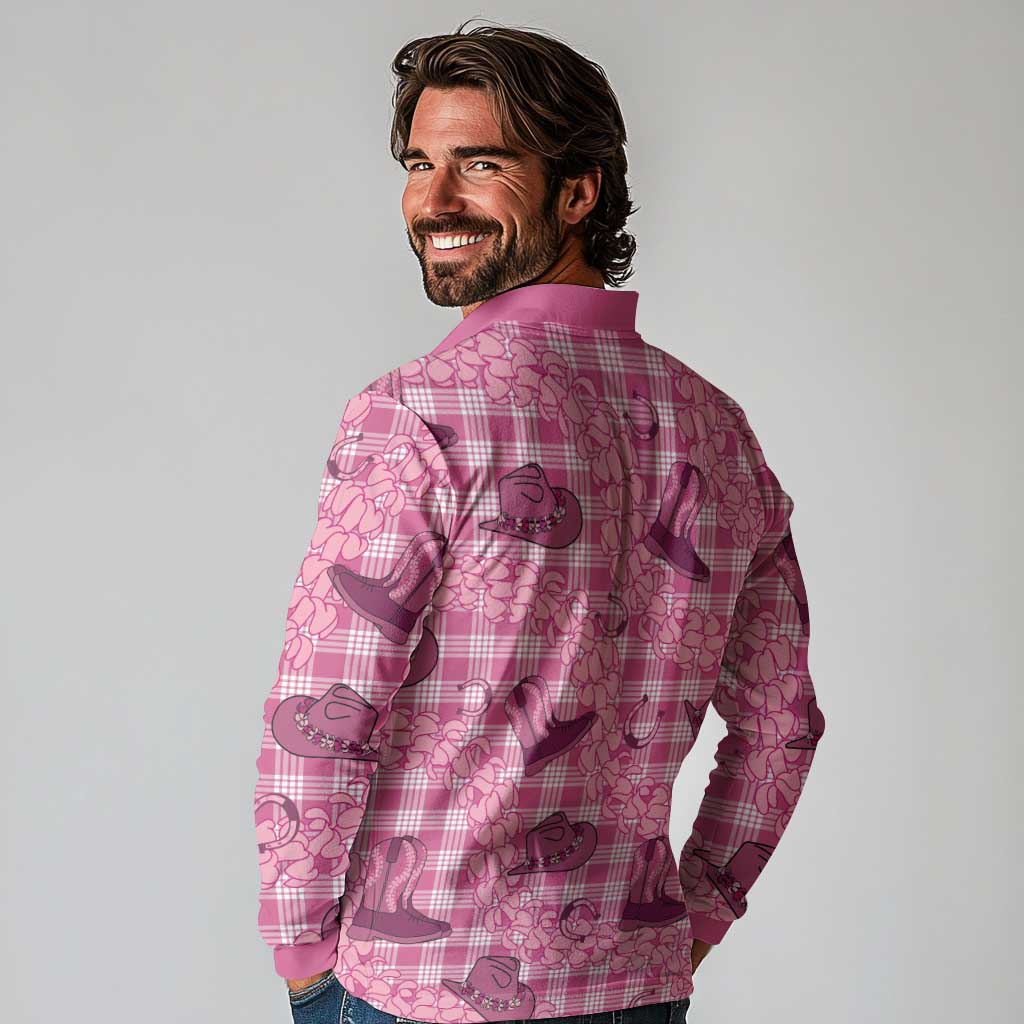 Pink Palaka Hawaii Cowboy Long Sleeve Polo Shirt Puakenikeni Lei Paniolo Papale Seamless Vibes - Polynesian Pride