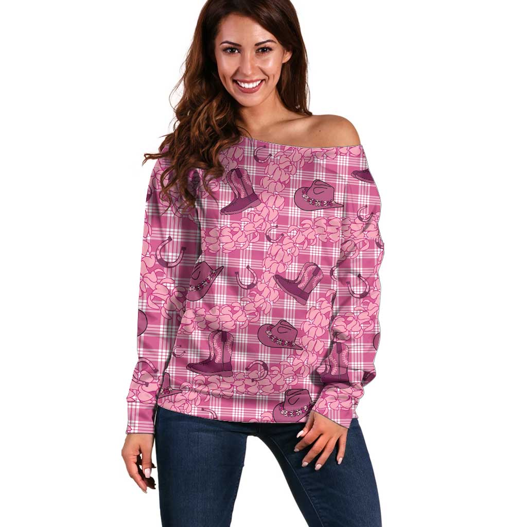 Pink Palaka Hawaii Cowboy Off Shoulder Sweater Puakenikeni Lei Paniolo Papale Seamless Vibes - Polynesian Pride