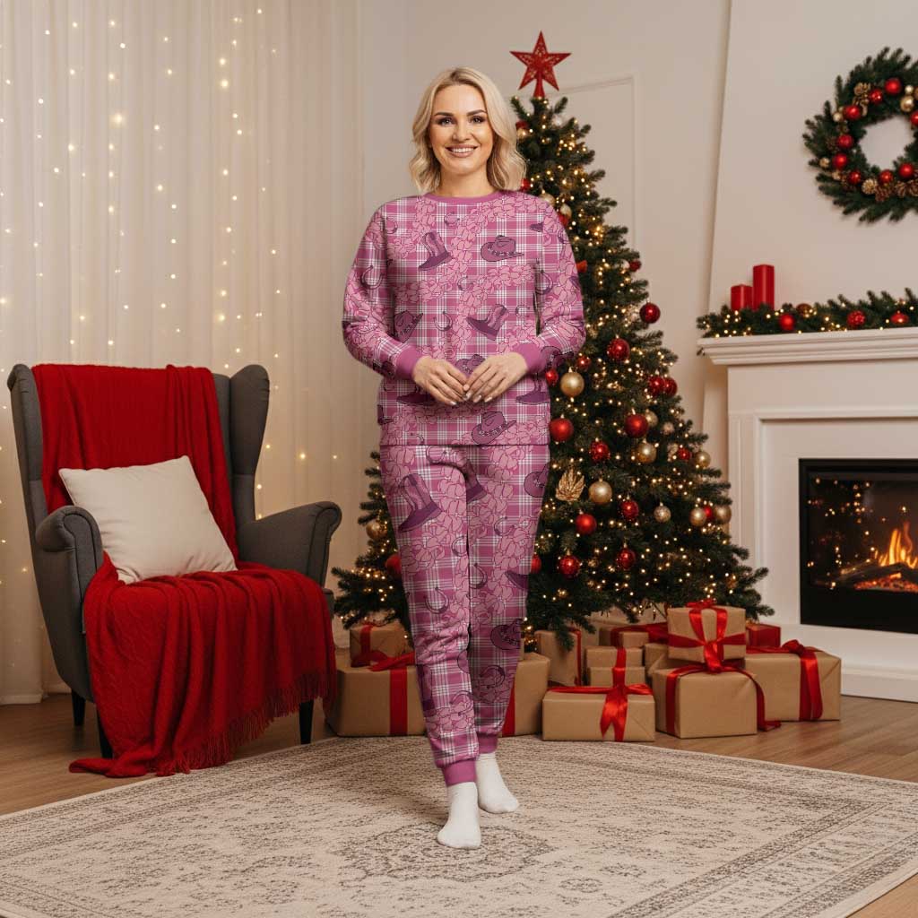 Pink Palaka Hawaii Cowboy Christmas Pajama Set Puakenikeni Lei Paniolo Papale Seamless Vibes - Polynesian Pride