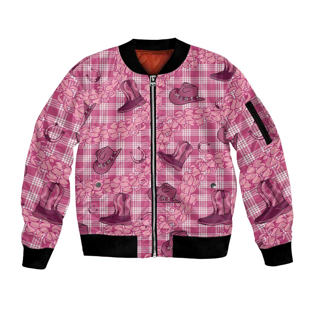 Pink Palaka Hawaii Cowboy Sleeve Zip Bomber Jacket Puakenikeni Lei Paniolo Papale Seamless Vibes - Polynesian Pride