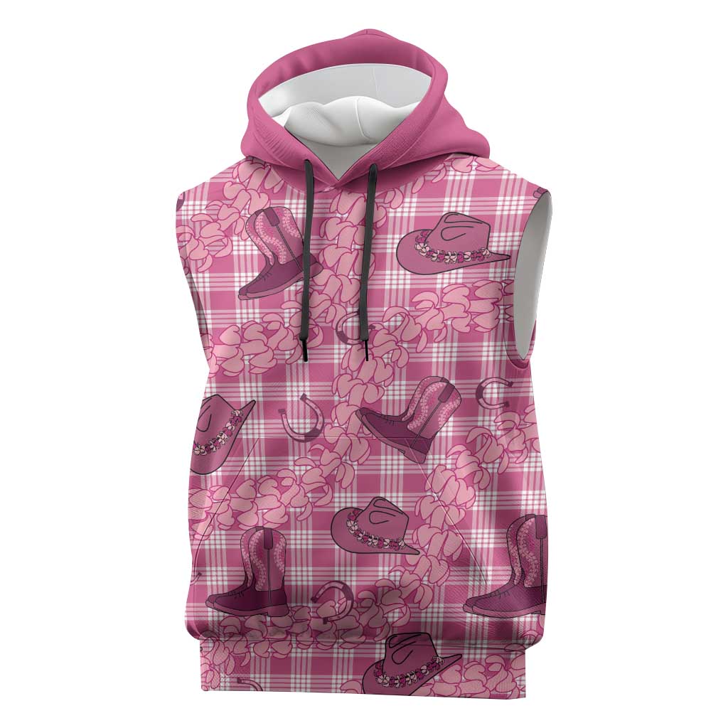 Pink Palaka Hawaii Cowboy Sleeveless Hoodie Puakenikeni Lei Paniolo Papale Seamless Vibes - Polynesian Pride