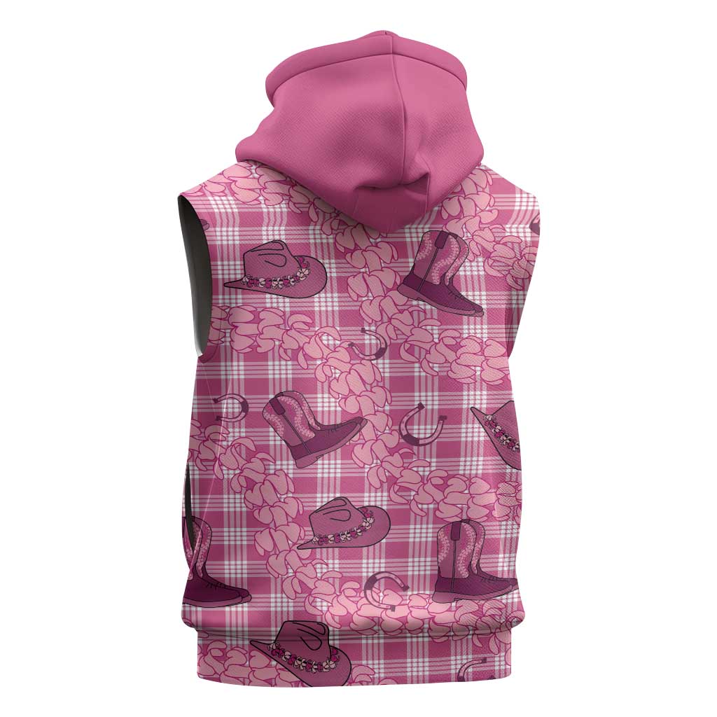 Pink Palaka Hawaii Cowboy Sleeveless Hoodie Puakenikeni Lei Paniolo Papale Seamless Vibes - Polynesian Pride
