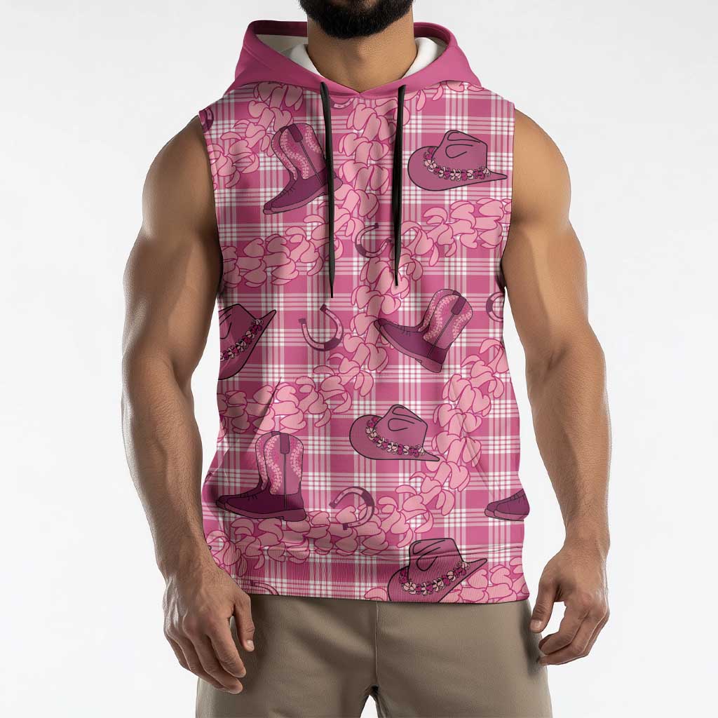 Pink Palaka Hawaii Cowboy Sleeveless Hoodie Puakenikeni Lei Paniolo Papale Seamless Vibes - Polynesian Pride