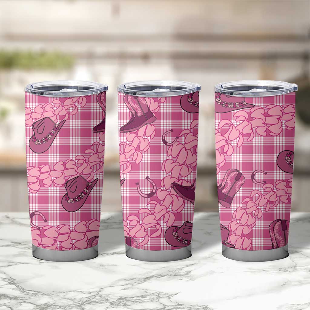 Pink Palaka Hawaii Cowboy Tumbler Cup Puakenikeni Lei Paniolo Papale Seamless Vibes - Polynesian Pride