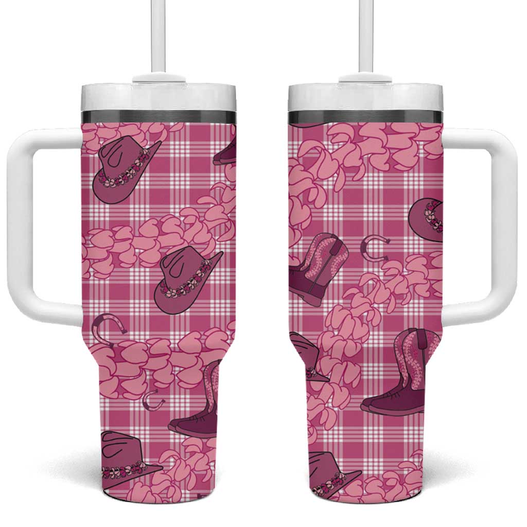 Pink Palaka Hawaii Cowboy Tumbler With Handle Puakenikeni Lei Paniolo Papale Seamless Vibes - Polynesian Pride