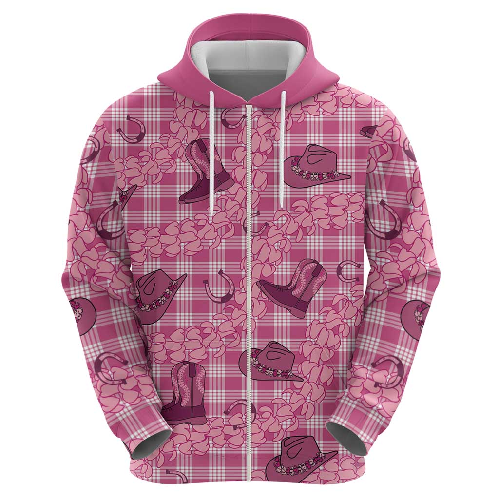 Pink Palaka Hawaii Cowboy Zip Hoodie Puakenikeni Lei Paniolo Papale Seamless Vibes - Polynesian Pride