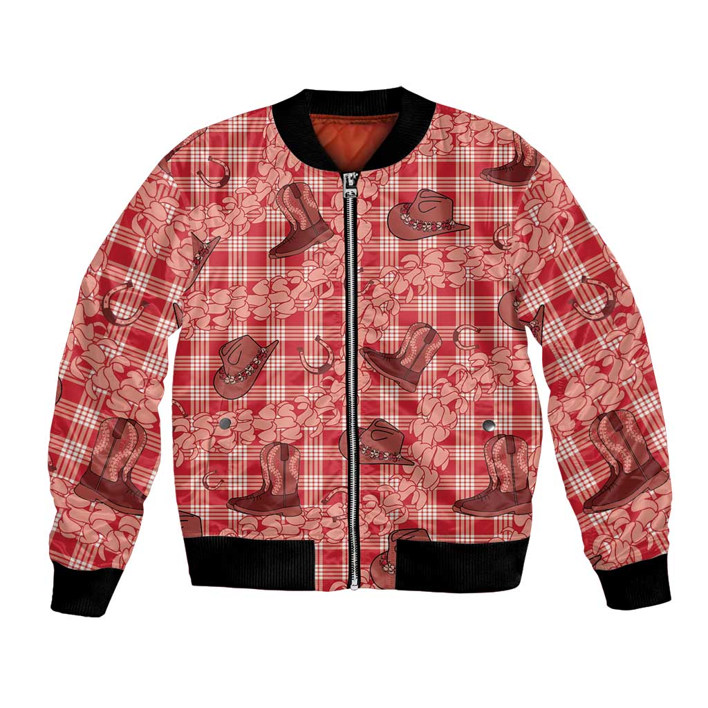 Red Palaka Hawaii Cowboy Bomber Jacket Puakenikeni Lei Paniolo Papale Seamless Vibes - Polynesian Pride