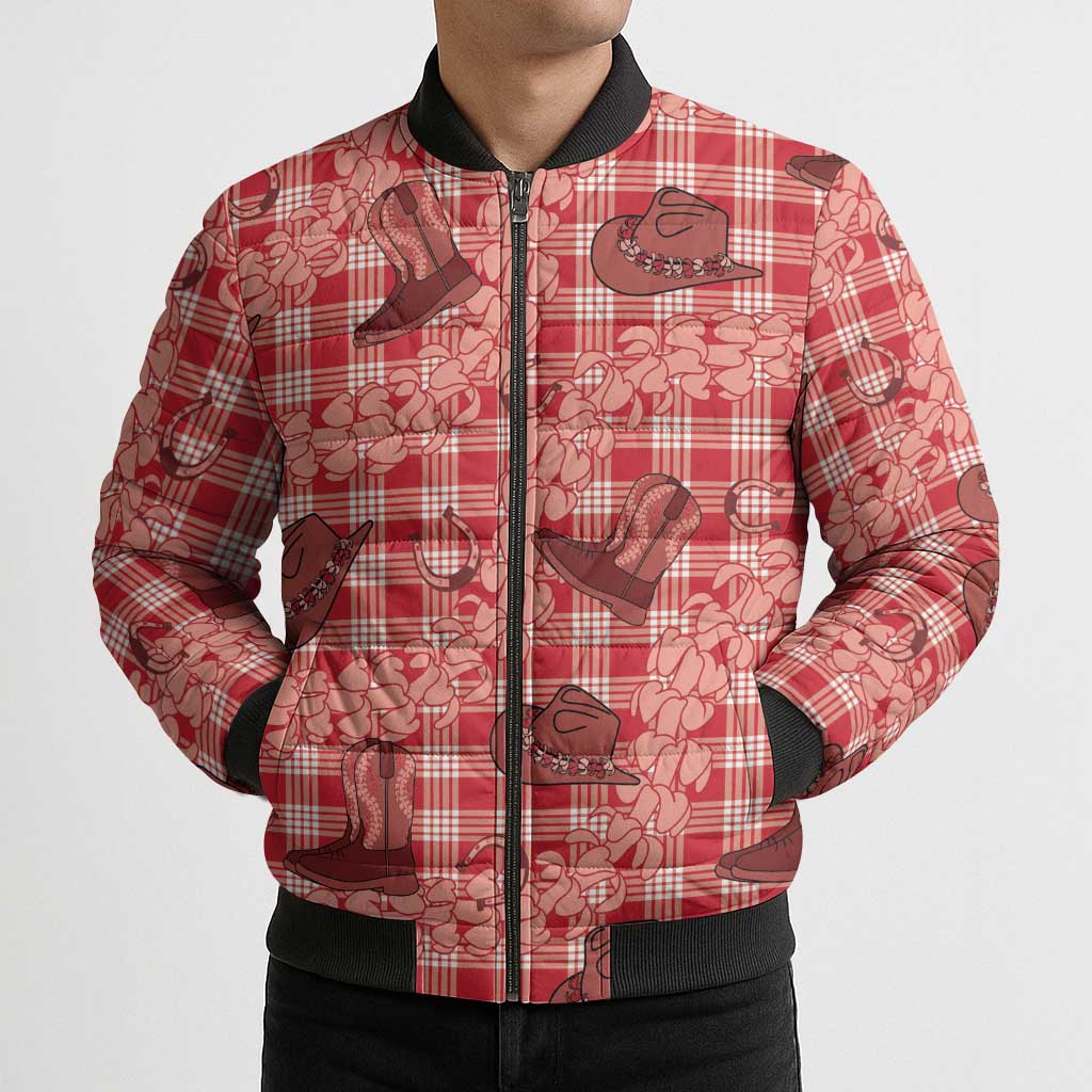 Red Palaka Hawaii Cowboy Bomber Puffer Jacket Puakenikeni Lei Paniolo Papale Seamless Vibes - Polynesian Pride