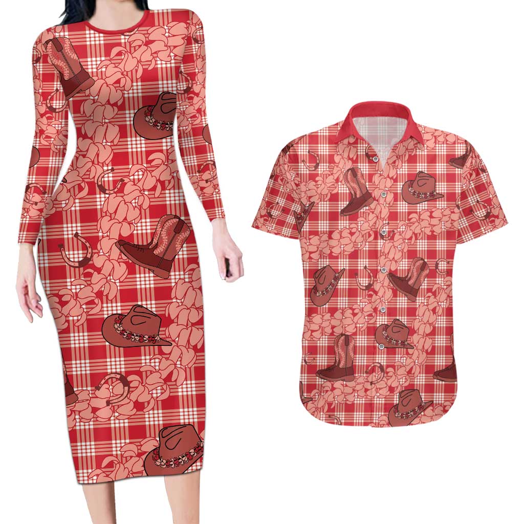 Red Palaka Hawaii Cowboy Couples Matching Long Sleeve Bodycon Dress and Hawaiian Shirt Puakenikeni Lei Paniolo Papale Seamless Vibes - Polynesian Pride