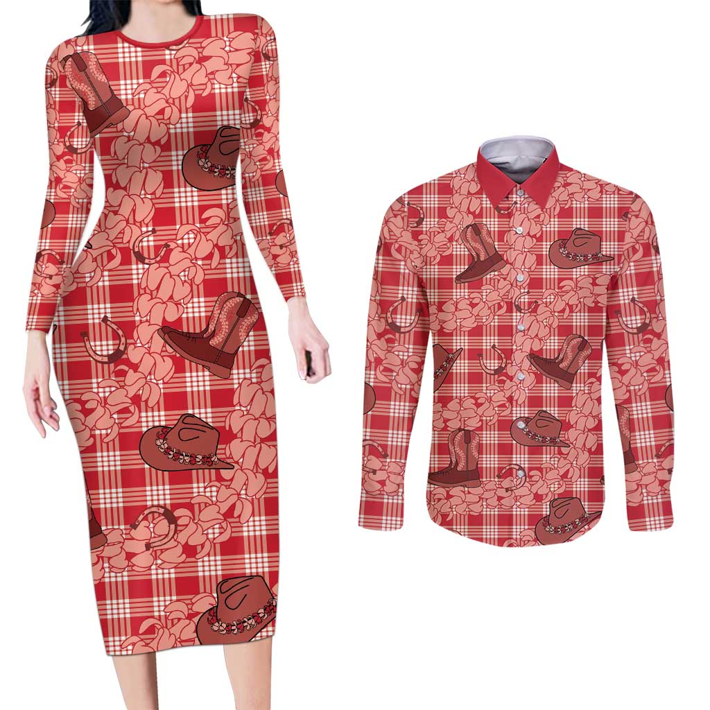 Red Palaka Hawaii Cowboy Couples Matching Long Sleeve Bodycon Dress and Long Sleeve Button Shirt Puakenikeni Lei Paniolo Papale Seamless Vibes - Polynesian Pride