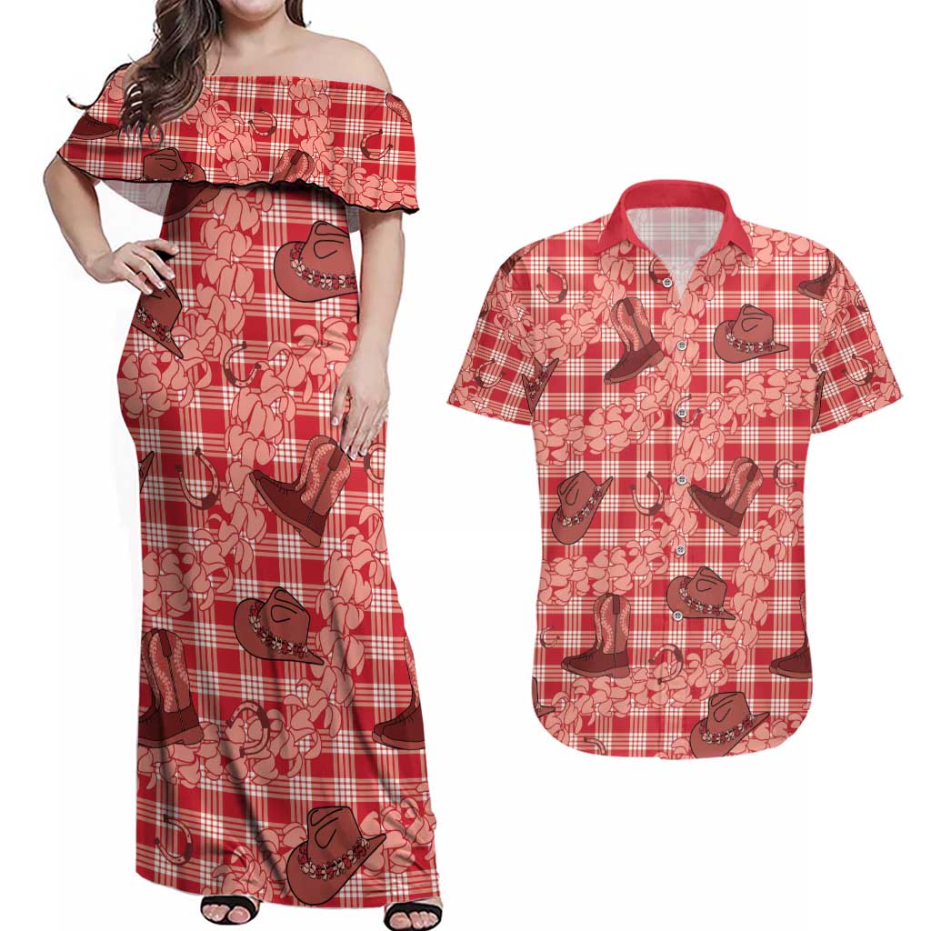Red Palaka Hawaii Cowboy Couples Matching Off Shoulder Maxi Dress and Hawaiian Shirt Puakenikeni Lei Paniolo Papale Seamless Vibes - Polynesian Pride